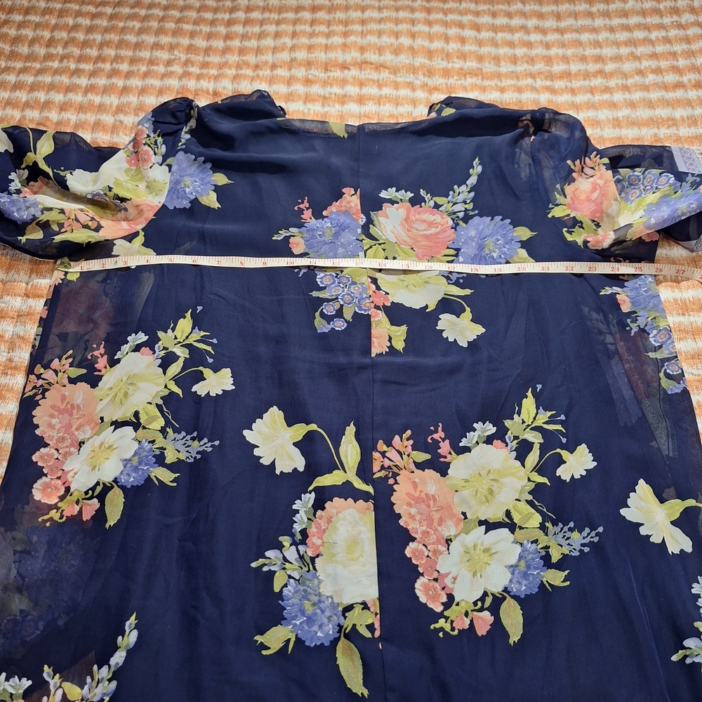Sandra Darren Navy Dress with Floral Kimono Style Sheer Jacket - Picture 7 of 16